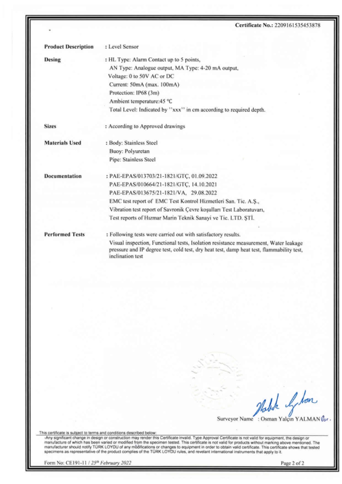 Seviye Sensörleri Türk Loydu Tip Onay Sertifikası Ek1