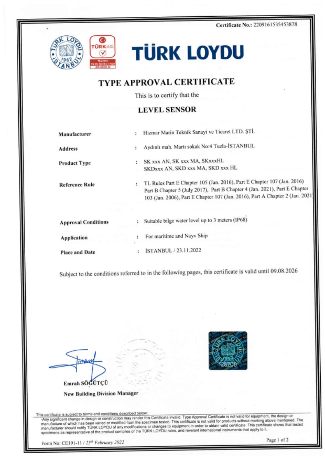 Seviye Sensörleri Türk Loydu Tip Onay Sertifikası 
