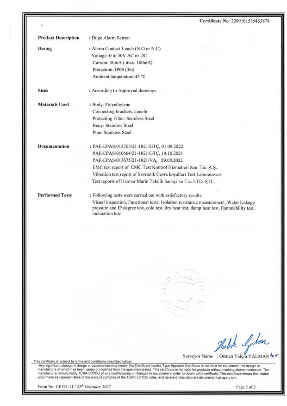 BS 03 Sintine Alarm Sensörü Türk Loydu Tip Onay Sertifikası Ek1