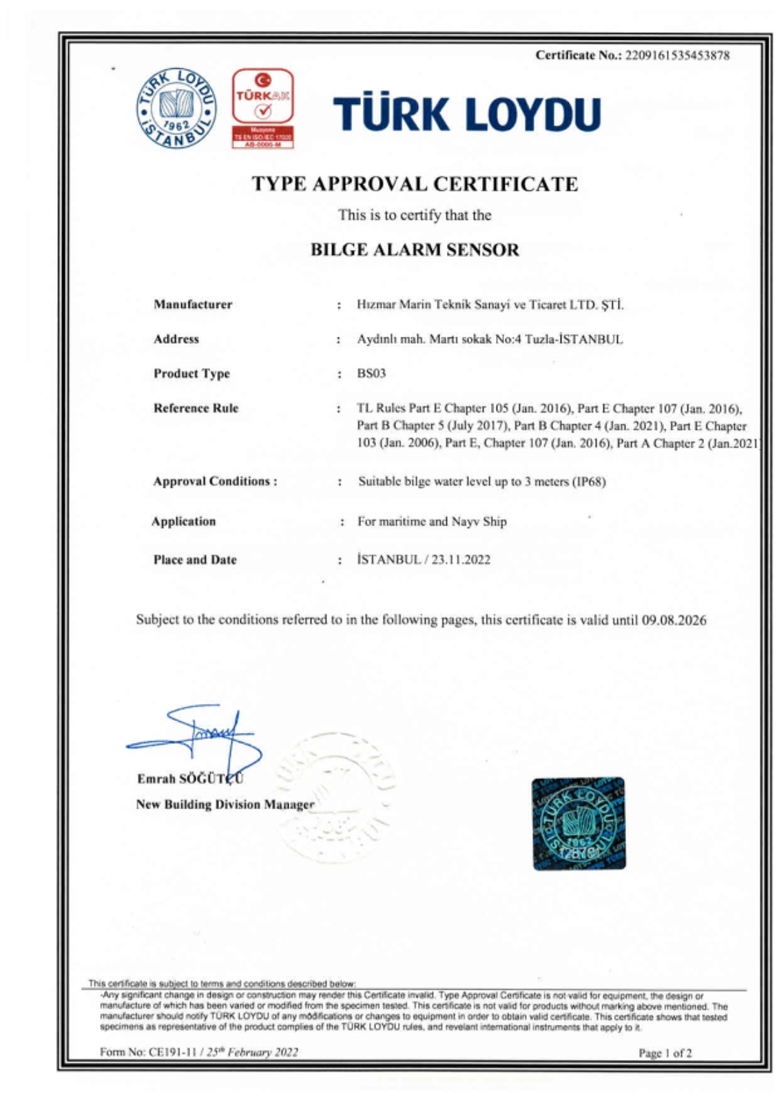 BS 03 Sintine Alarm Sensörü Türk Loydu Tip Onay Sertifikası